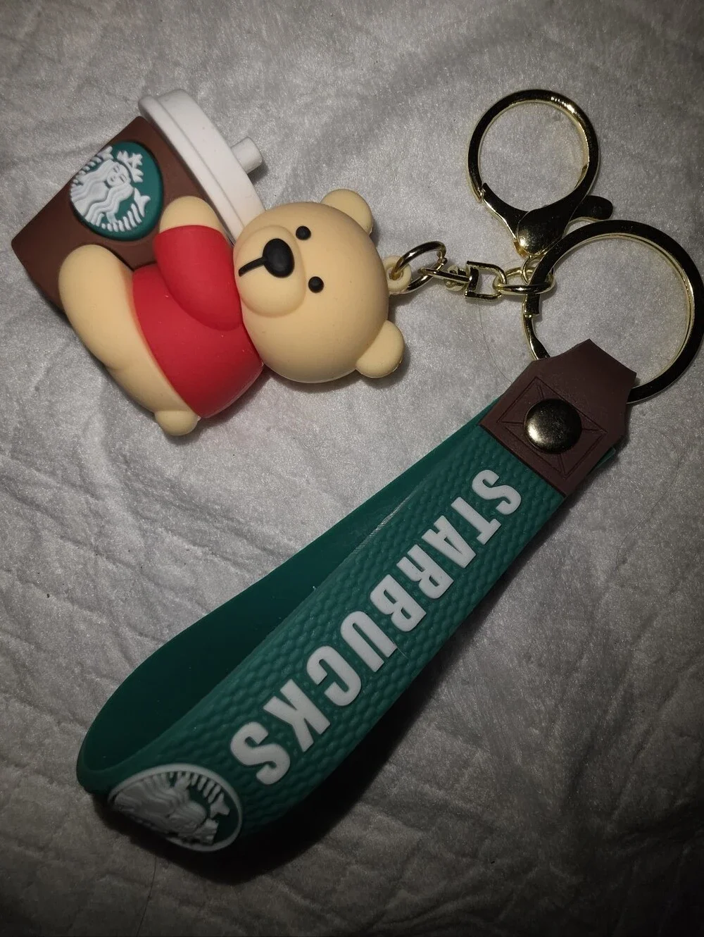 Starbucks Green Wristlet with Beige Bear and Red Shirt Bag Charm Keychain